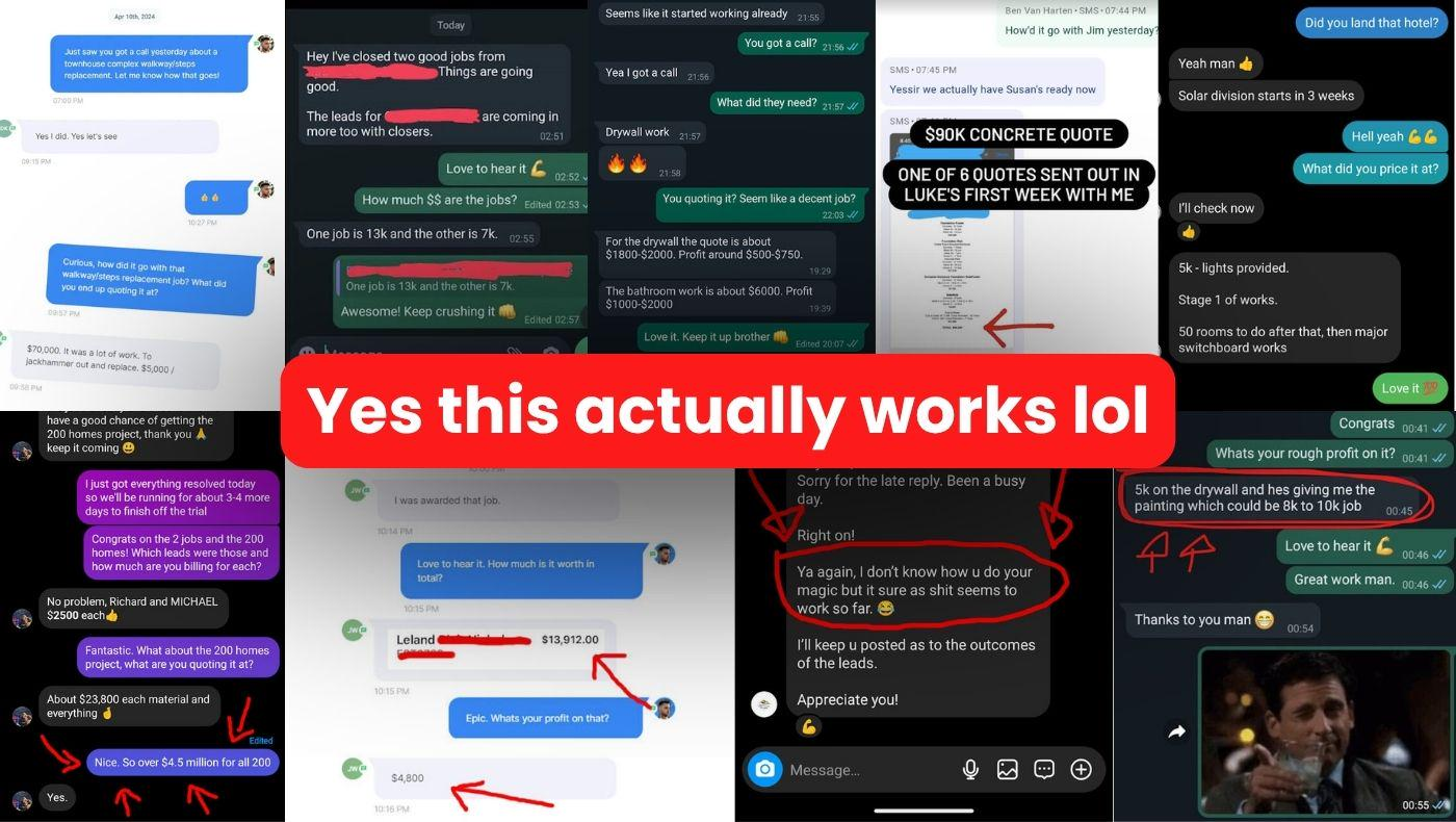 Screenshots of member text conversations showing rank and rent leads, job quotes and closed deals